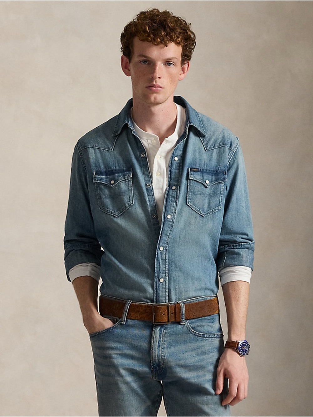 Polo by Ralph Lauren Men's Faded Blue Denim Western Shirt